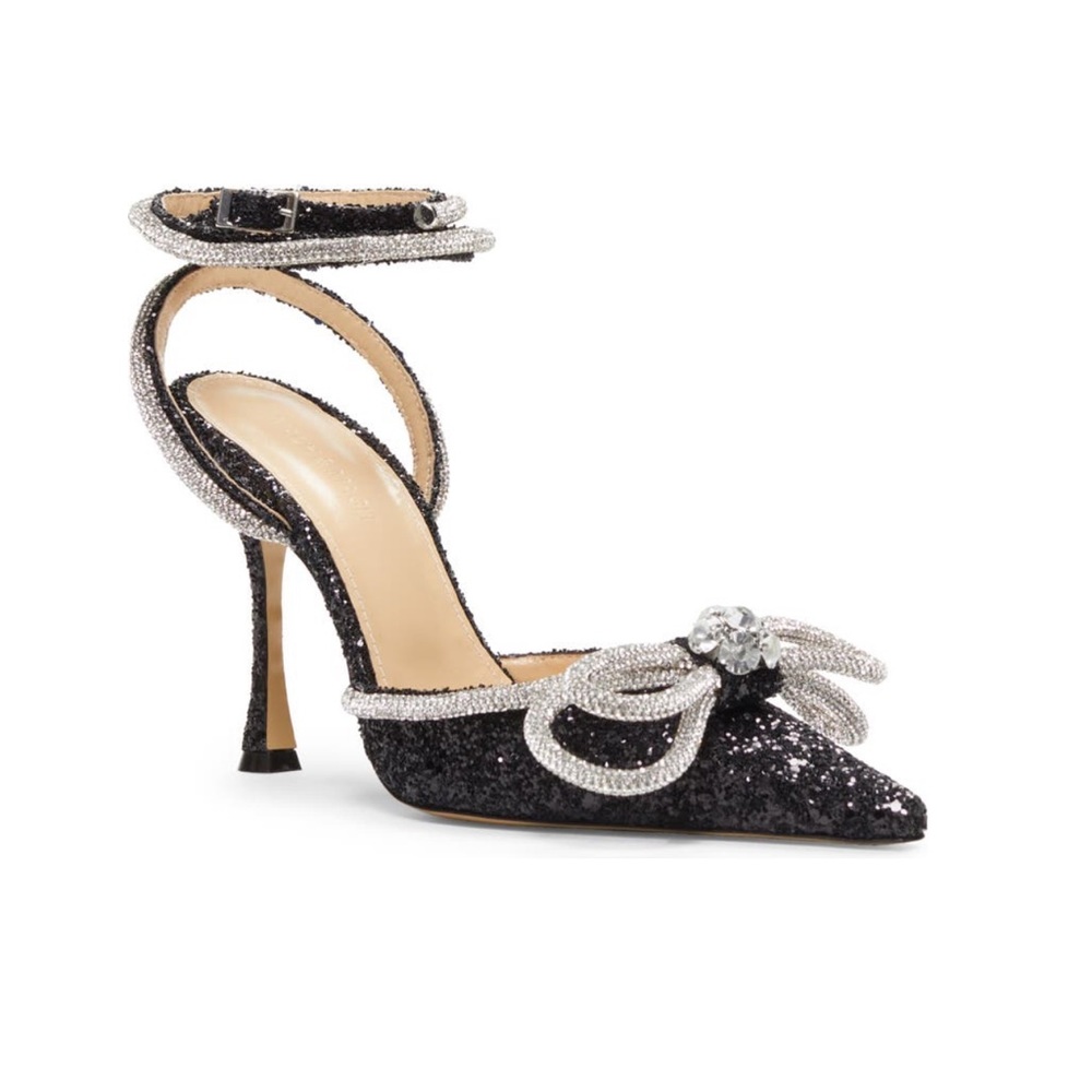 Mach Mach Double Bow Glittered Pointed Toe Pump Black 38 NIB
